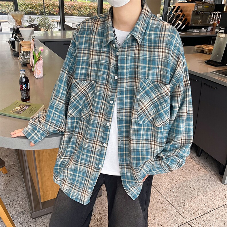 美式复古格纹长袖衬衫男女休闲外套痞帅衬衣外套新款M1277-p38,男装衬衫,星座1008
