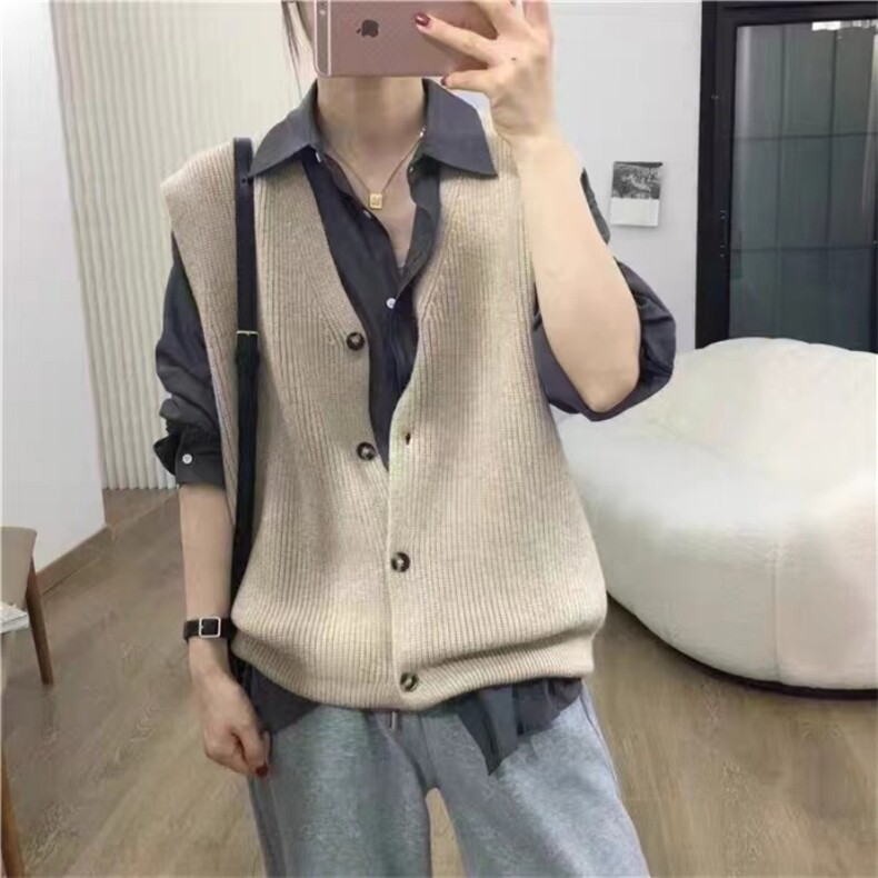 通勤百搭V领羊绒针织马甲开衫女韩式宽松无袖毛衣外搭羊毛坎肩,女装羊毛衫,泰沅羊绒