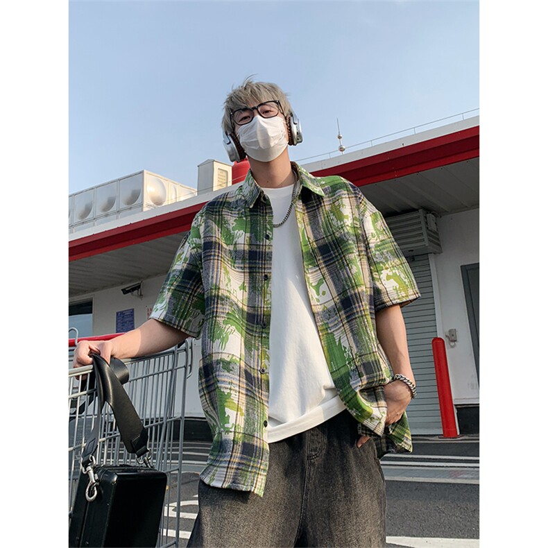 美式扎染格子衬衫短袖男女同款夏季衬衣半袖外套DC2240-特价P25,男装T恤,电商A007