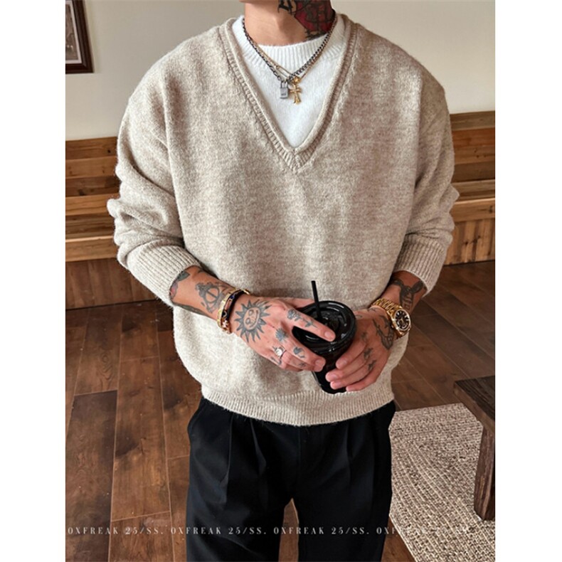 圆领毛衣男女秋冬宽松慵懒风针织衫上衣包芯纱假两件M5153，男装针织衫/毛衣，星座1116A（原606A-3）