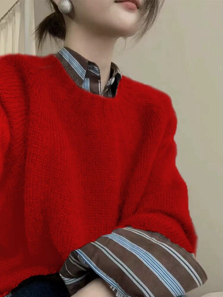 针织衫女圆领羊毛衫秋冬宽松短款毛衣长袖内搭打底衫,女装羊毛衫,恩泰羊绒