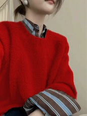 针织衫女圆领羊毛衫秋冬宽松短款毛衣长袖内搭打底衫，女装羊毛衫，恩泰羊绒