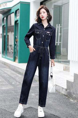 连体裤女2025春秋时尚简约收腰显瘦休闲炸街百搭衬衫领工装连衣裤,女装套装/套裙,E百度
