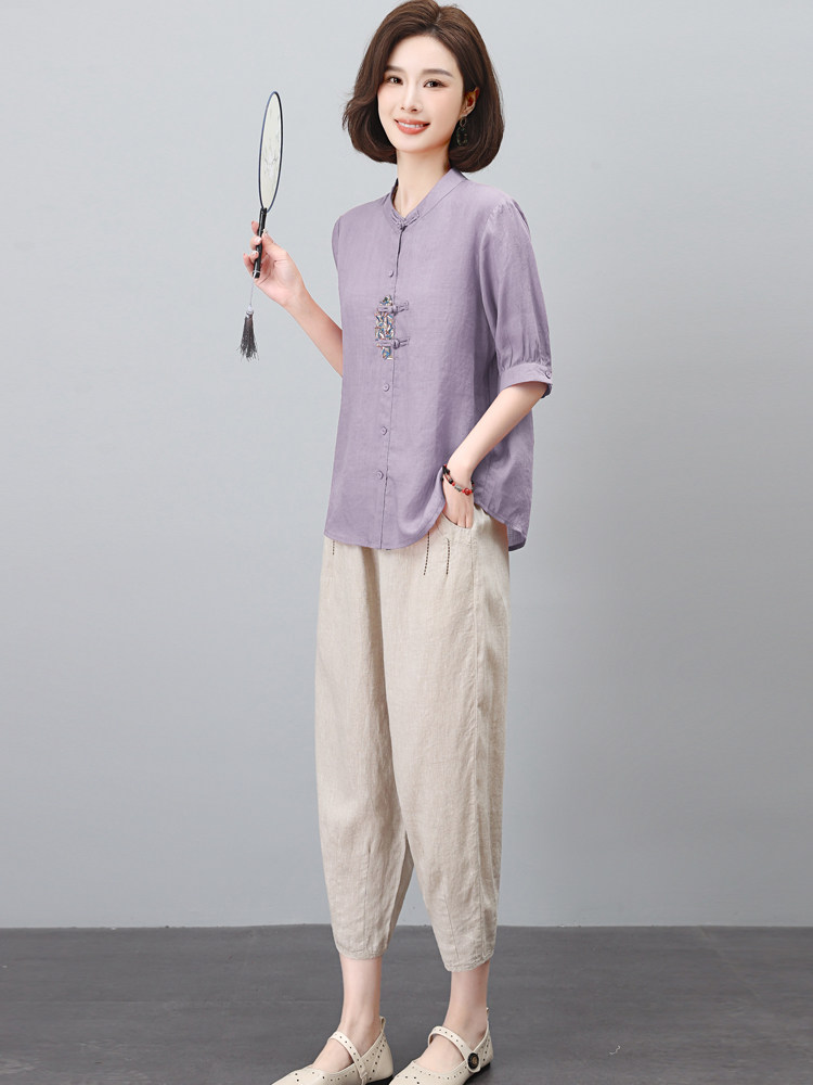 长期有货夏季新款休闲时尚高端苎麻两件套中年妈妈洋气减龄棉麻潮,女装套装/套裙,璐依舞