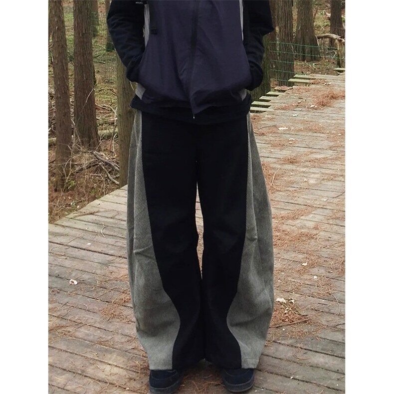 斜纹设计款拼接弯刀休闲裤美式复古欧美裤子男cleanfit阔腿拖地裤图片