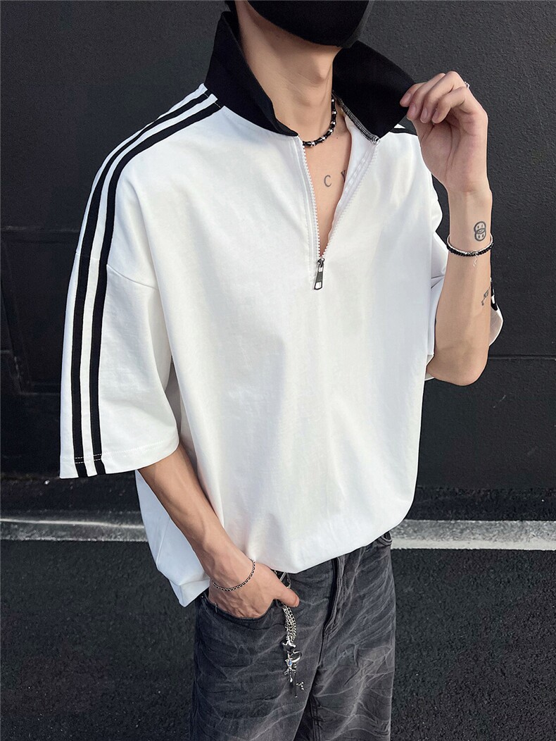 得物300克重磅纯棉宽松撞色打底短袖拉链POLO衫T恤男RH5033-特P40,男装T恤,星座610B-1