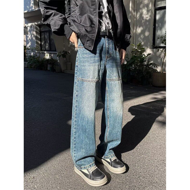 复古蓝色宽松直筒牛仔裤男街头潮流拼接设计感休闲长裤RK2480-P47图片