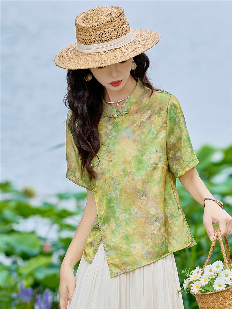 现货2026年夏季新款中老年妈式复古短袖小衬衫盘扣开衫上衣T恤女,女装衬衫,璐依舞