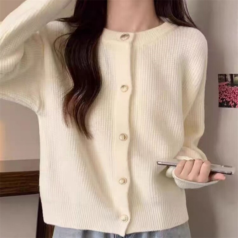 秋冬季羊毛休闲百搭时尚抽条圆领小金扣简约开衫,女装羊毛衫,锦瑟羊绒