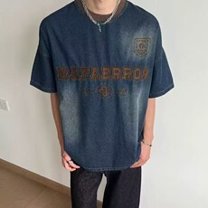 2025美式复古刺绣水洗牛仔短袖T恤男女宽松夏季潮牌半袖T56-P57，男装T恤，星座208-5