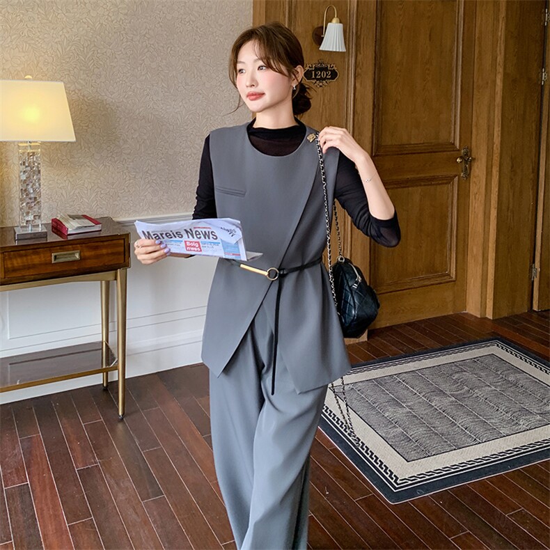 御姐风气质ootd一整套女2025春季新款设计感开叉马甲阔腿裤三件套图片