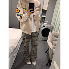 杏色毛呢拼接皮衣外套休闲彩虹碎花刺绣棒球服JK295特P50，男装皮衣，星座908-1