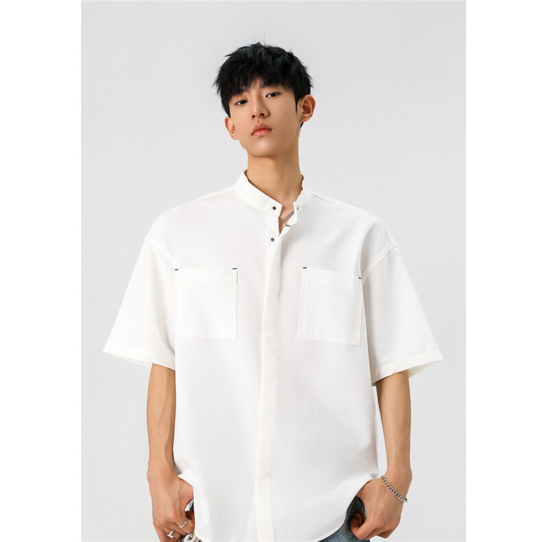 1新中式立领衬衫风暗扣工装大码M-5XL半袖衬衣男78013P48控78，男装T恤，星座226-2