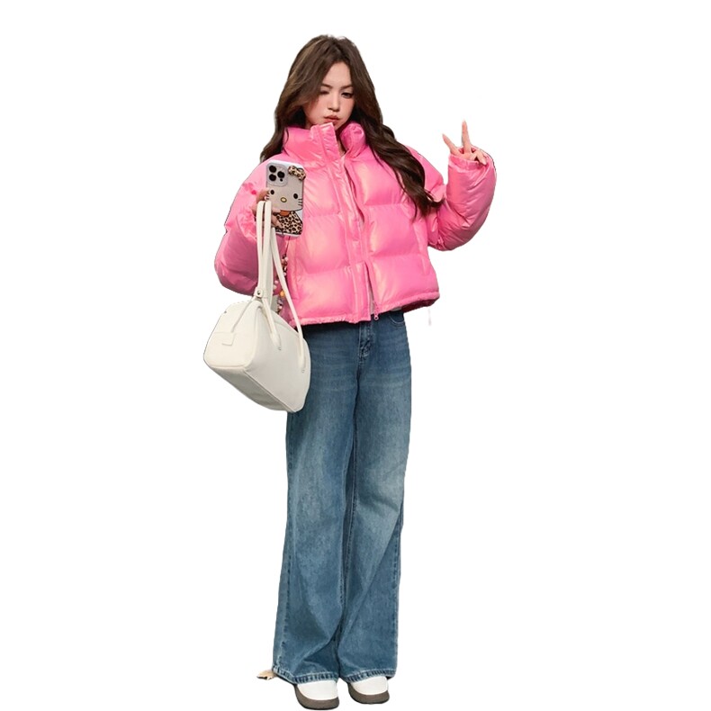 韩版简约立领亮面棉服女2025年冬季新款小个子超好看加厚保暖外套,女装棉衣/棉服,2D148