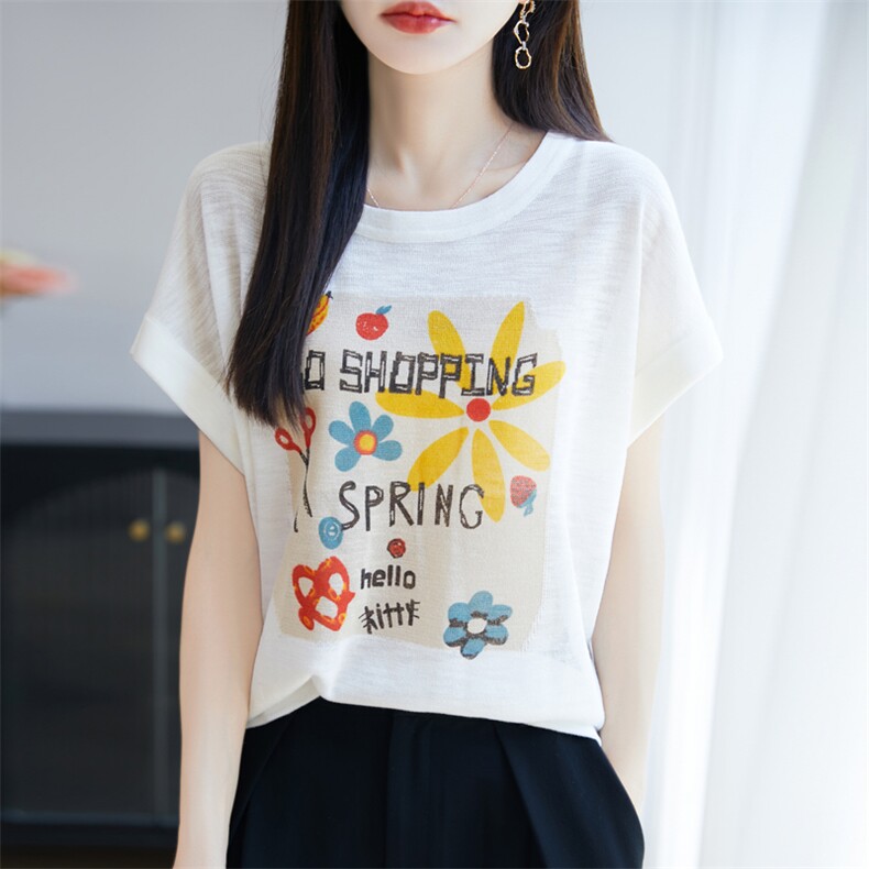 竹节麻针织短袖T恤女2025新款夏季时尚宽松小熊体恤薄款打底上衣,针织衫/毛衣,大美人高端店