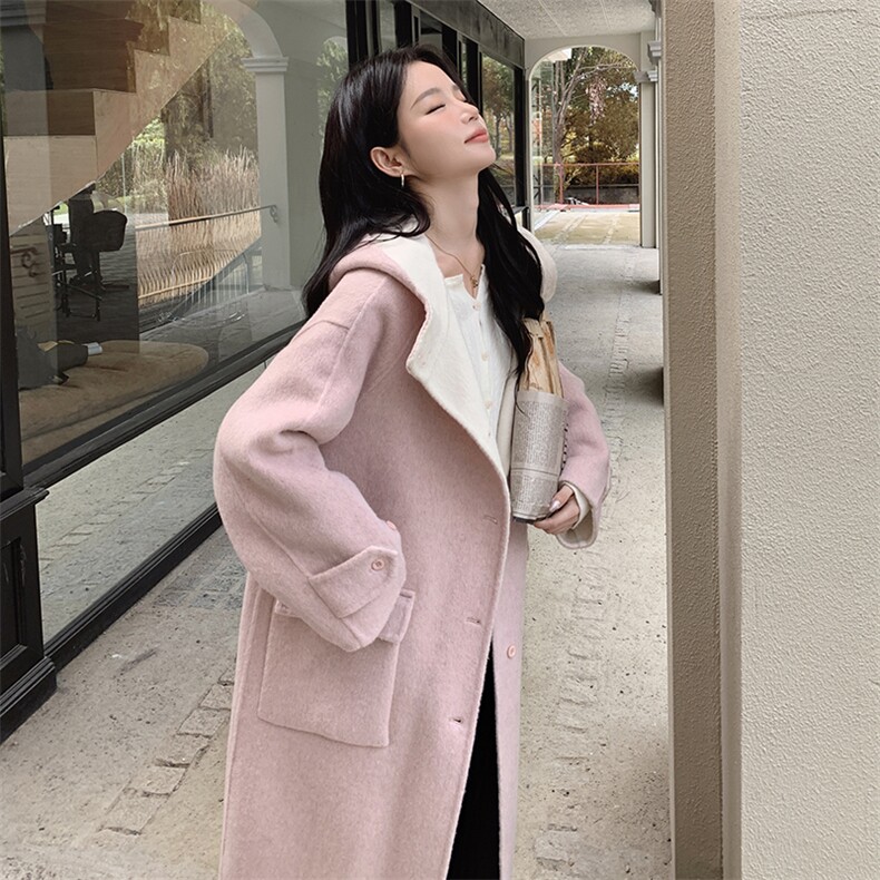 韩系甜美连帽双面羊毛大衣女2025秋冬季新款显瘦保暖长款呢子外套图片