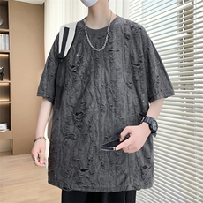 25抖音高品破洞短袖重磅情侣t恤女设计感中性上衣2510-P30，男装T恤，星座210-1
