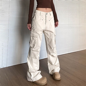 美式复古米白色多口袋工装裤男女新款街头宽松褶皱直筒裤子图片