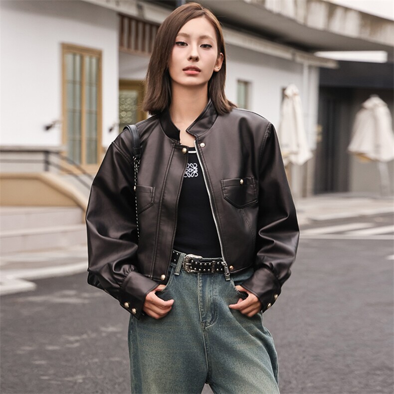 现货仿绵羊皮皮衣女短款时尚外套小立领机车款2024春秋新款潮显高,女装皮衣,江南女神
