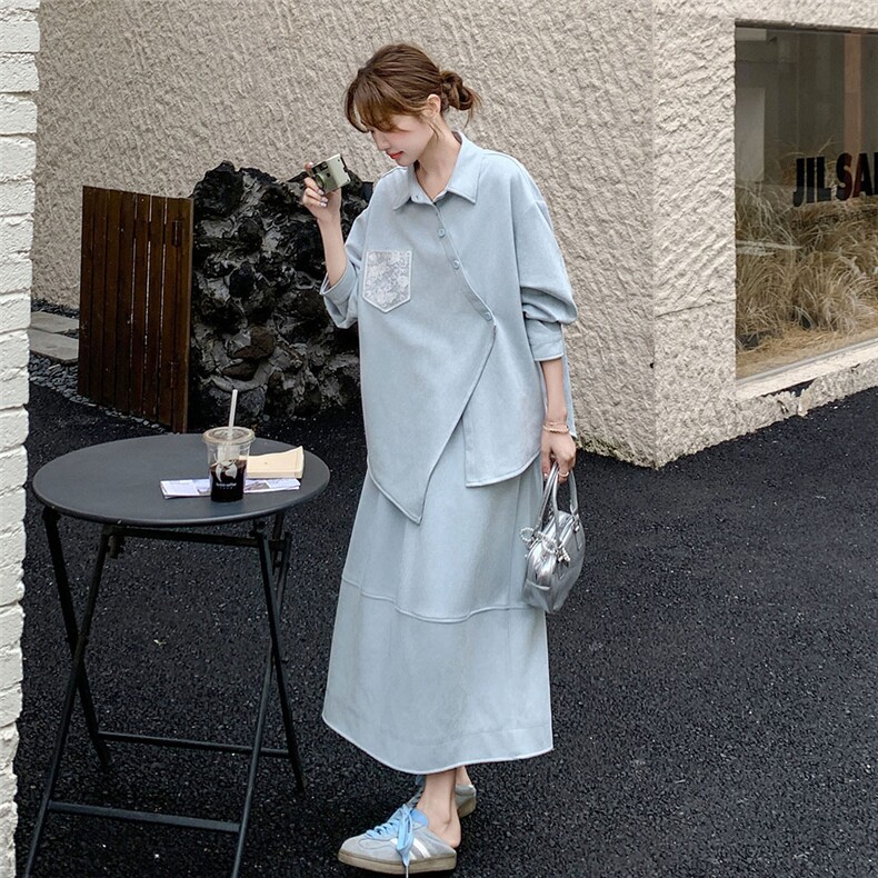 设计感不规则长袖衬衫半身裙套装女2025春季新款韩系慵懒风两件套,女装套装/套裙,2C272
