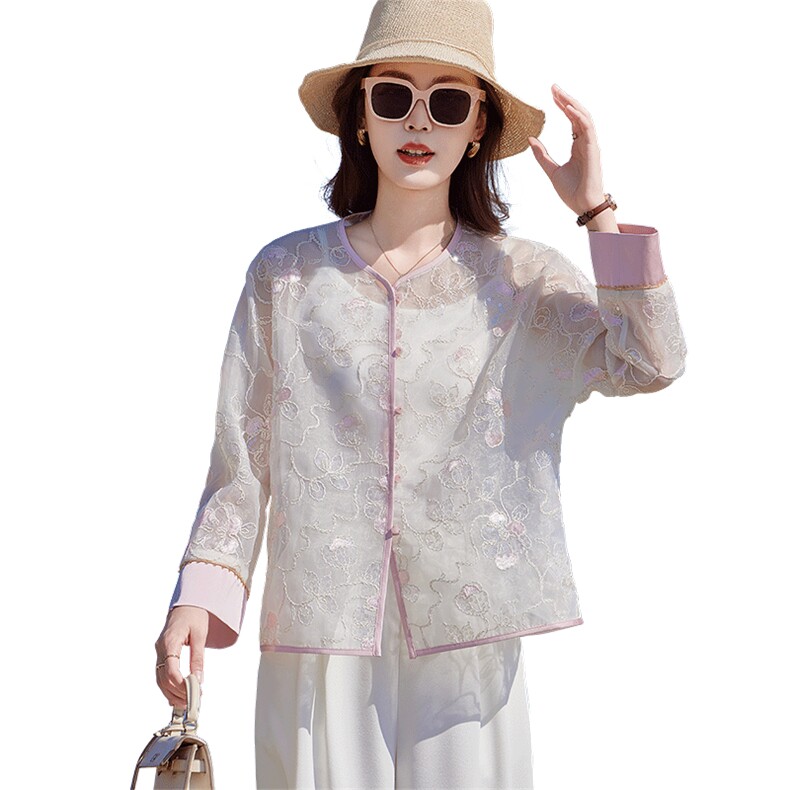 甜美小香风刺绣欧根纱薄外套女2025春夏新款气质百搭防晒开衫上衣,女装短外套,靓衣阁