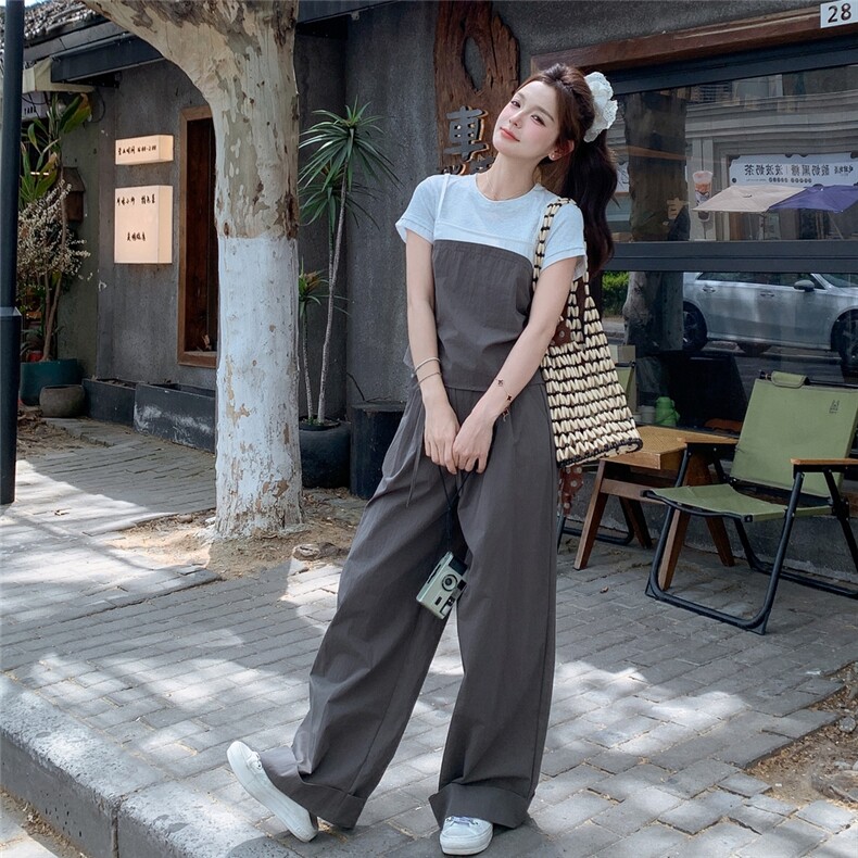 灰色假两件拼接套装女2025年夏季新款高级感休闲上衣阔腿裤两件套图片