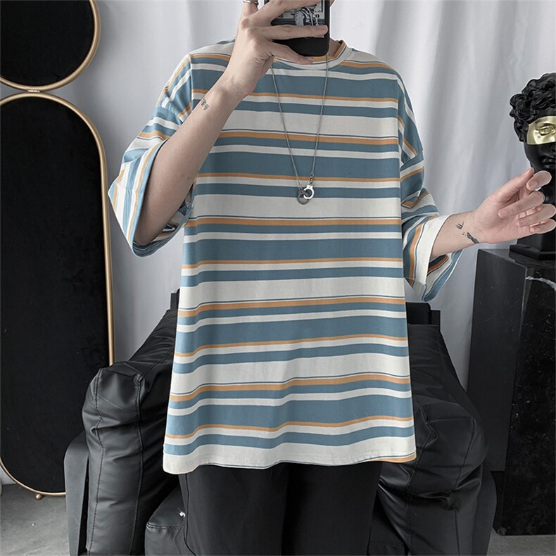 新款五分袖宽松潮流潮牌短袖男5分潮男半袖网红条纹t恤T080-P20，男装T恤，星座512-2