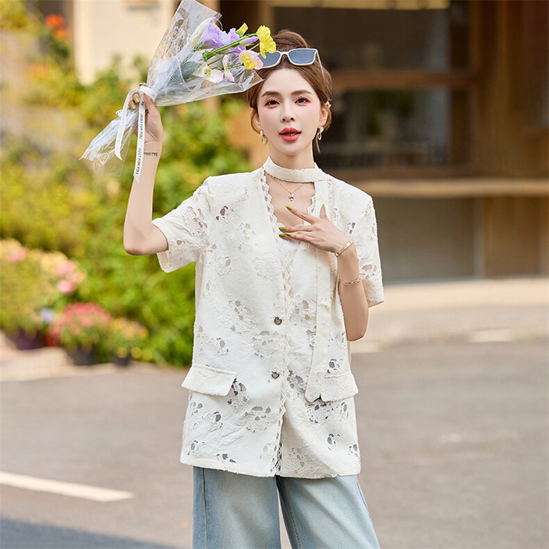 设计感镂空短袖西装外套女2025春夏新款时尚百搭V领蕾丝气质上衣,女装西装,妙形