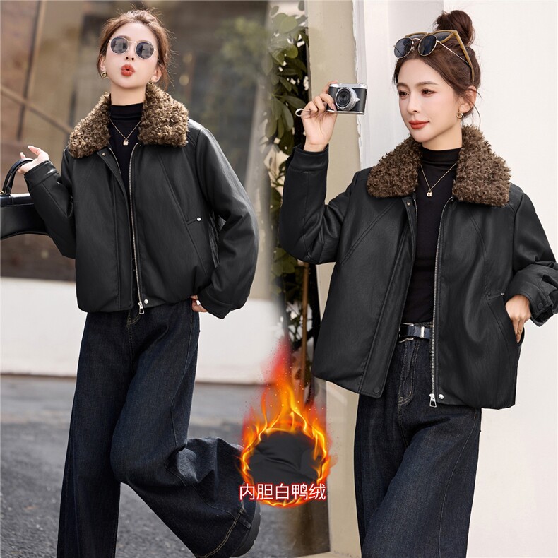 梦依缘2025年冬时尚精品皮质羽绒服,女装羽绒服,梦依缘