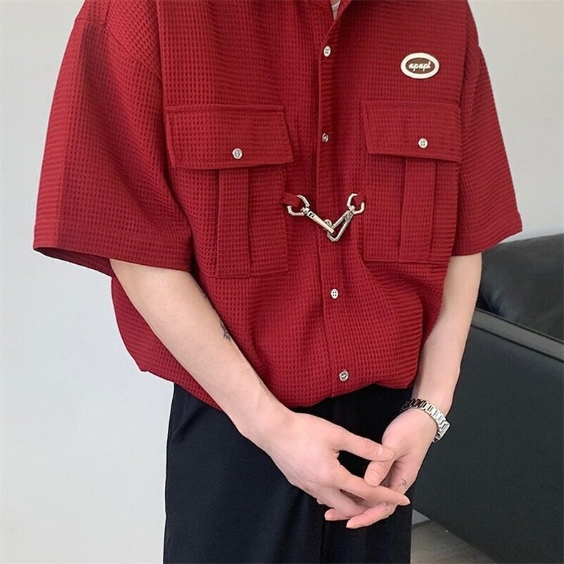 美式复古华夫格短袖衬衫女夏季古着学院风设计感小众开衫衬衣2025,男装衬衫,星座506A