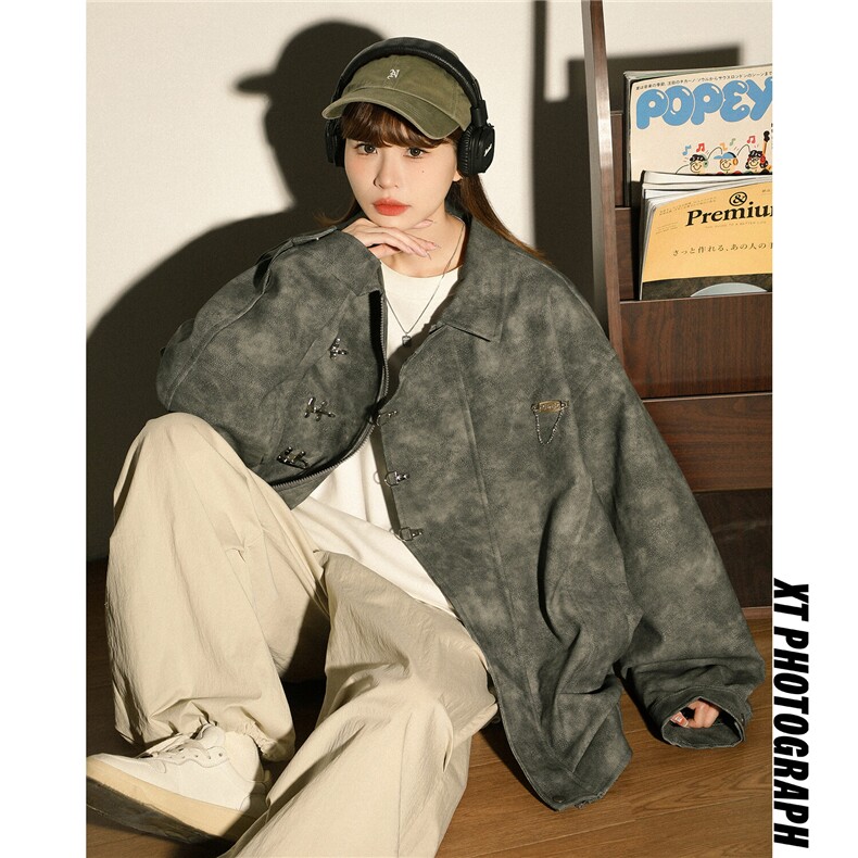 1抖音148大码M-5XL粉色皮衣宽松情侣女夹克男77083P105，女装皮衣，星座226-2