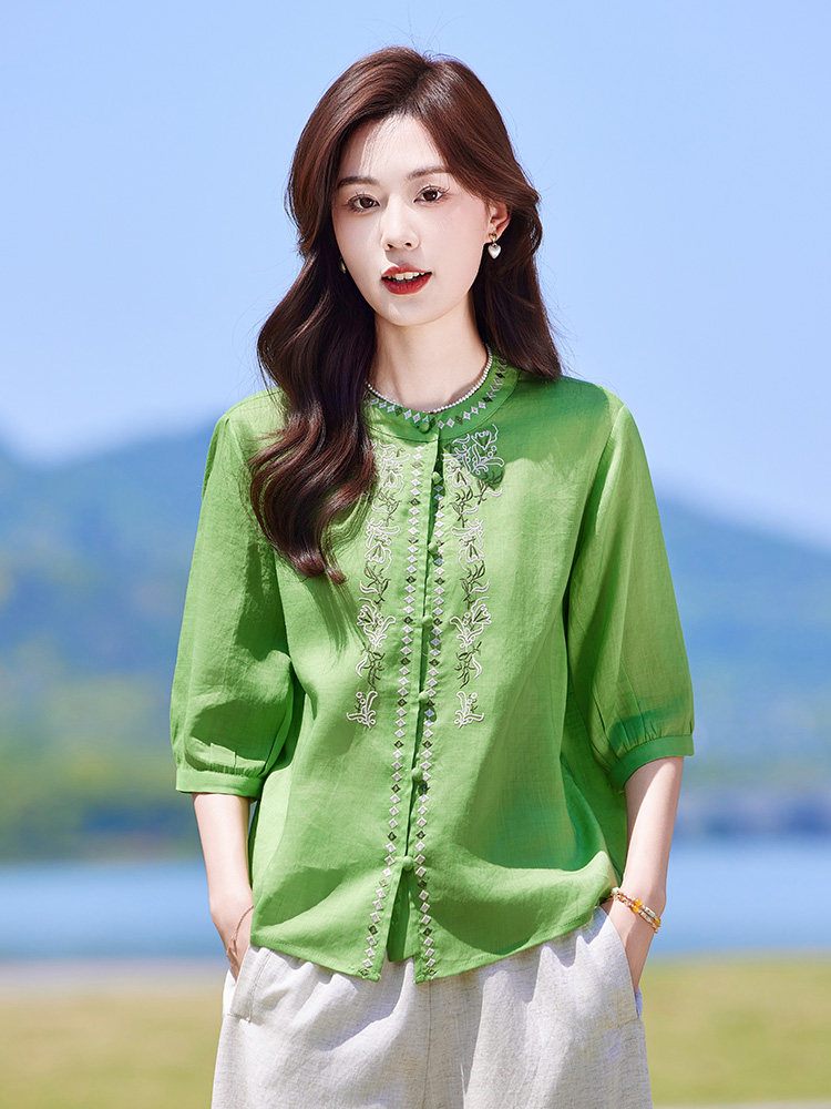 新中式国风刺绣衬衫女2025夏季新款复古宽松百搭显瘦休闲上衣衬衣,女装衬衫,靓衣阁