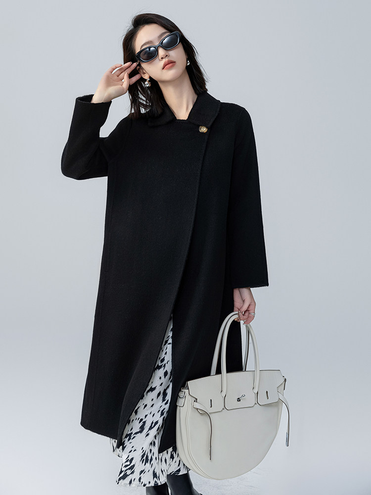 黑色双面羊绒大衣女中长款宽松大码高端辛苦韩版过膝气质毛呢外套，女装双面呢大衣，荣图大衣