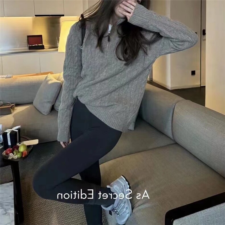 新款女士半开衫拉链毛衣麻花立领刺绣秋冬针织衫上衣,针织衫/毛衣,半城羊绒