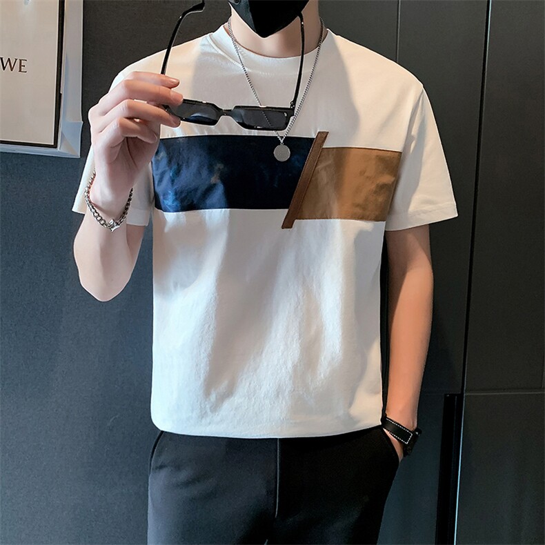 2025新款夏季T恤男短袖潮牌拼接男装半袖体恤A313-1-66397-P48,男装T恤,电商A313-1