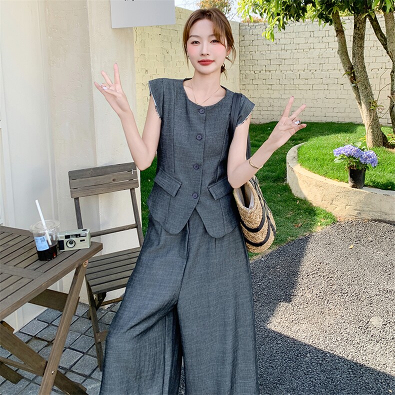 高级感西装马甲阔腿裤套装女2025夏季新款韩版宽松休闲显瘦两件套,女装套装/套裙,2C110