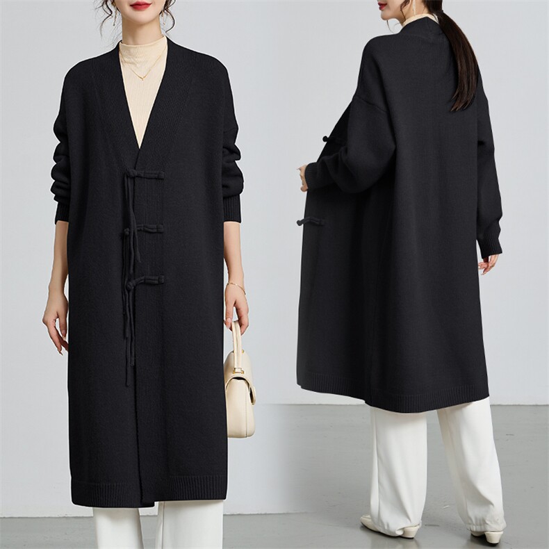 复古盘扣外套女气质优雅慵懒风中长款针织毛衣开衫单排扣大衣秋冬，女装针织衫/毛衣，马丽丽家