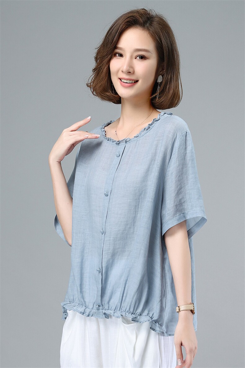 2021夏季时尚简约大方气质优雅圆领舒适五分袖衬衫T恤,女装衬衫,叶笙衣