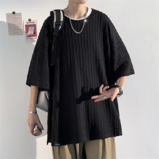 2023夏款男ins潮流花竖条纹圆领半袖休闲大码短袖T袖T21621-P40，男装T恤，电商A001