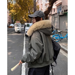 现货重磅boxy短款棉衣座山雕大毛毛领男女棉服水洗工装厚外套图片