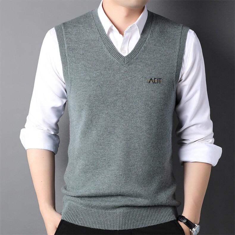 新款针织背心男刺绣纯色春秋季v领纯羊毛中年毛衣无袖马甲坎肩，男装背心/马甲，电商B212（原钱塘6029）