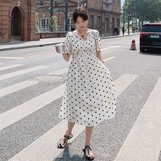 法式气质v领波点连衣裙女2025夏季新款韩版收腰显瘦温柔风长裙子，女装连衣裙，2C037