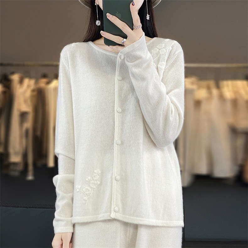 100%纯羊毛开衫女秋冬新款圆领绣花针织毛衣长袖宽松显瘦羊绒外套,女装羊毛衫,江南羊绒