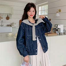 现货条纹披肩连帽牛仔外套女春秋2025新款203-8876-P155-K238，女装短外套，帛锦泉