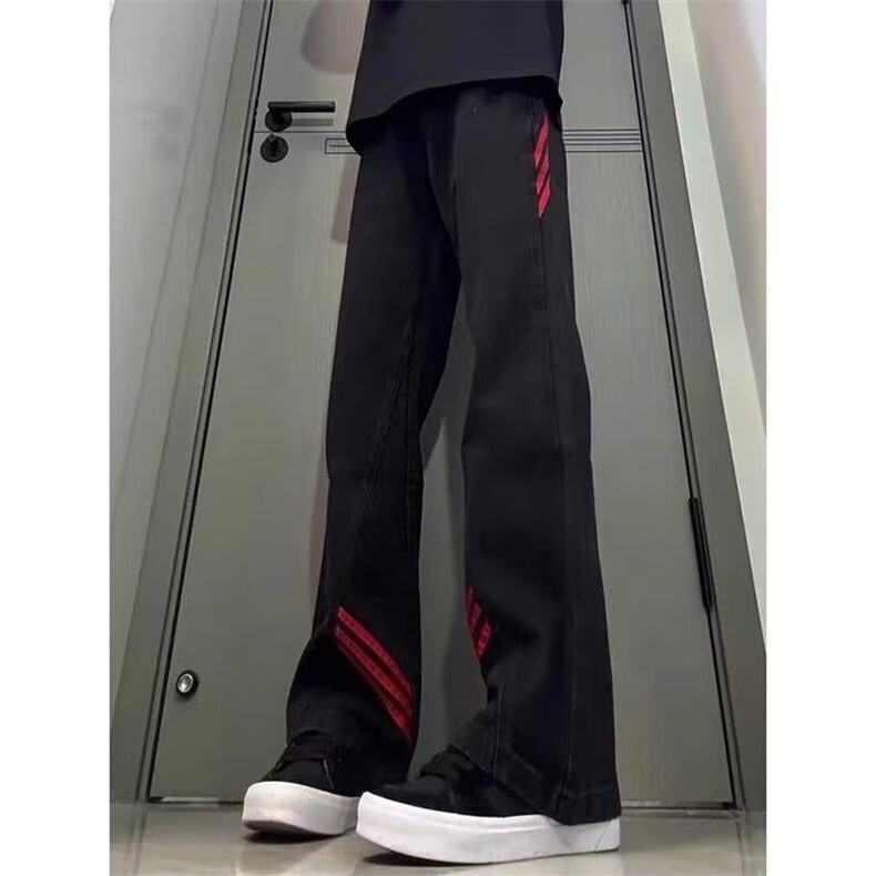 网图！现货！三条杠条纹拼接黑红撞色牛仔裤XZ503-22110特P40控78图片
