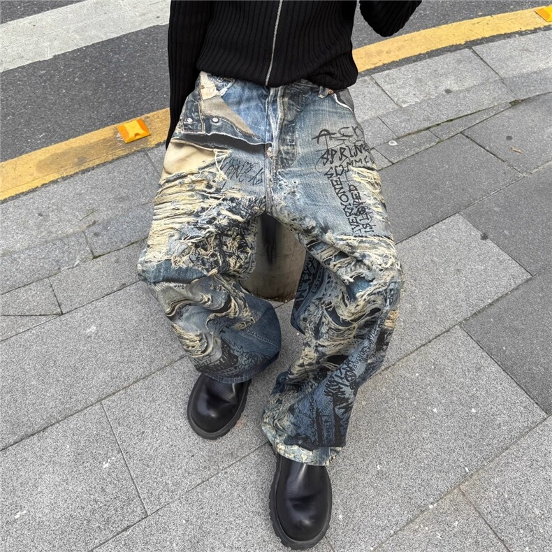 美式AC风格错觉糜烂破坏3D打印数码印花涂鸦阔腿baggy直筒牛仔裤,男装牛仔裤,星座813-2