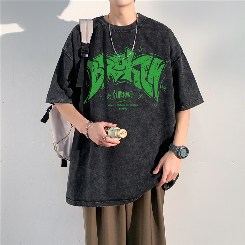 水洗做旧蜡染短袖男夏季潮流美式复古T恤哥特文字母印花半袖图片