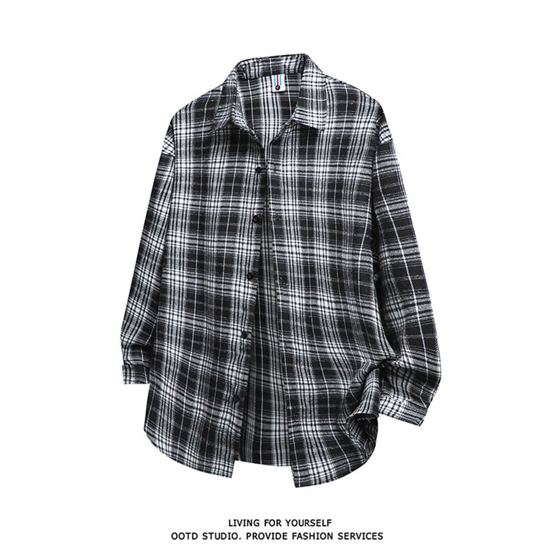 现货~格子衬衫春夏美式蓝黑色格子衬衫3D得物白底CS275-P35，男装衬衫，星座301C-5