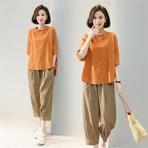 2025夏季新款时尚休闲宽松大码显瘦中年妈妈两件套减龄棉麻套装女，女装套装/套裙，深水步