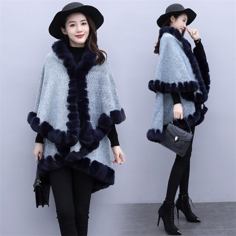 芷墨服饰冬装新款时尚加毛加厚针织斗篷外套女,女装毛呢外套,芷墨服饰